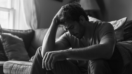 A person sitting on a couch in a black and white photo