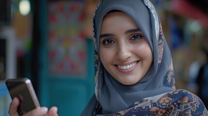 A woman wearing a hijab holds a cell phone, a common everyday scene