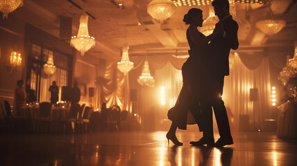 Silhouette of elegant couple dancing in grand ballroom with chandeliers. They appear romantic and graceful