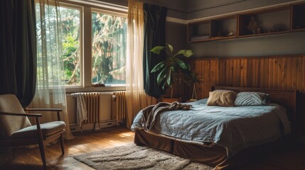 A bed placed next to a window in a bedroom setting