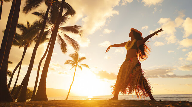 Hawaiian hula dancer performing at sunset on a beach with palm trees. She is wearing traditional hula attire and lei