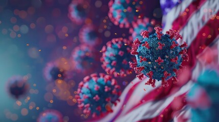 Abstract image of COVID-19 virus particles and the American flag, representing the impact of the pandemic in the United States. Generative AI