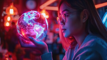 Fototapeta premium A woman is holding a glowing globe in her hand