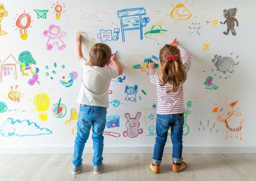 Two children drawing with colors on a white wall with various child drawings