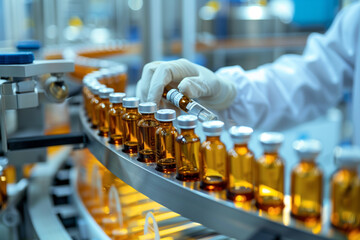 Precision in Production: Blue-Gloved Hand Handling Vials on Medical Supply Line