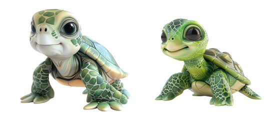 Fototapeta premium Adorable Baby Turtles, Cute animated baby turtles with expressive eyes, Animal Characters on a transparent background.