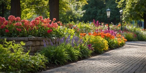 A serene flower garden with a variety of colorful flowers along a stone path, evoking tranquility and natural beauty