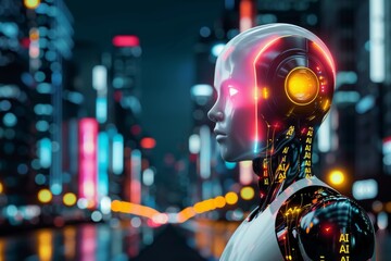 Fototapeta premium Robotic head with glowing circuits, representing the fusion of robotics and artificial intelligence in advanced technology