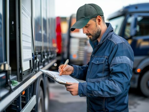 A Truck Driver Fills Out a Paperwork Checklist While Inspecting His Semi Trailer
