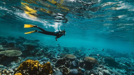Fototapeta premium A man is swimming in the ocean wearing a scuba suit