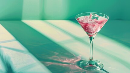 Pink cold alcoholic martini. green tropical isolated background, copyspace. summer fresh alcoholic drink minimal concept