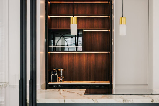detail of the interior of a modern kitchen cabinet