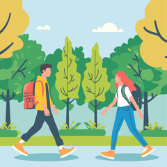 Young man woman walking park, casual clothing, diversity. Gender diversity outdoor activity, friends stroll relaxed environment. Man backpack, woman shoulder bag, serene nature, tranquil park scene