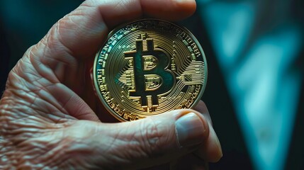 Elderly person holding a bitcoin in a dim light. Concept of cryptocurrency, investment, financial literacy