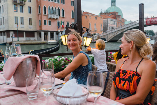 Tourists at a restaurant in Venice