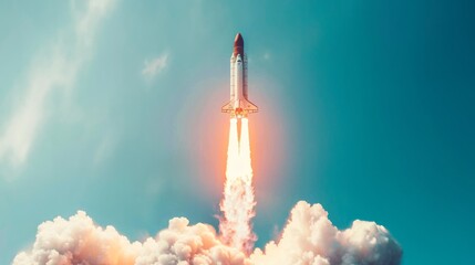 White and red rocket launching into the sky with clouds. Concept of space travel, exploration, aerospace engineering, adventure