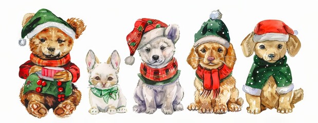 Cute Christmas animals dressed in Santa outfits with festive hats and clothes, concept of holiday, cheer, adorable pets, winter celebrations, Christmas. Isolated on white background
