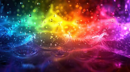 Obraz premium Abstract rainbow color backdrop with oil drops and waves on water surface under vivid colored rainbow neon light, futuristic high colored tech style fantasy dramatic background. Generative AI