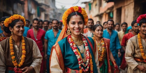 Fototapeta premium Festively dressed Indian woman smiling radiantly in a colorful street procession
