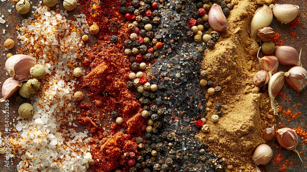 Poster a close-up shot of various spices for grilling, arranged in rows. generative ai