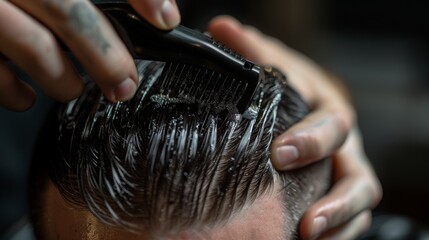 A barber applies hair product to a customers hair with a comb.