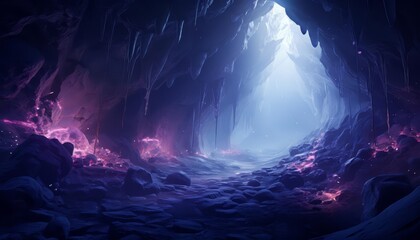 Underwater cave with stalactites, flat design, top view, exploration theme, 3D render, Monochromatic Color Scheme