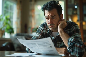 Man reading documents at a table, looking concerned and deep in thought. The scene highlights the stress and concentration involved in reviewing important paperwork in a home environment.