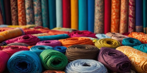 A variety of colorful fabric rolls neatly arranged, showcasing diverse patterns and textures