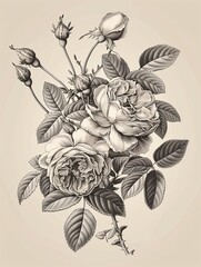 Vintage illustration of a bouquet of roses, a delicate and elegant rose flowers pattern with concept cream background.