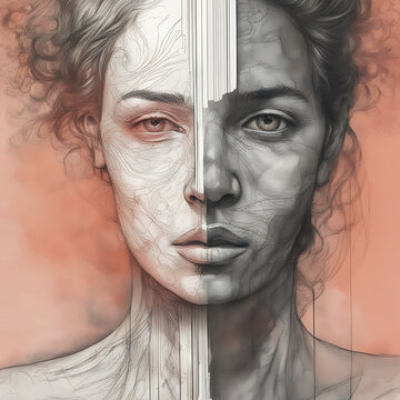 &ldquo;Duality of Perception: A Dual-Perspective Portrait&rdquo;The image presents a captivating portrait of a woman depicted with a dual perspective. Here&rsquo;s a title and a list of keywords that en