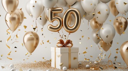 Elegant 50th Birthday Celebration with Golden Balloons and Gift Box