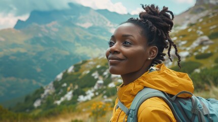 A woman with dreadlocks stands in front of a mountain, great for adventure or travel themed projects