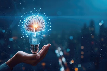 A close-up of a human hand holding a light bulb with a glowing brain inside, representing creativity and innovation