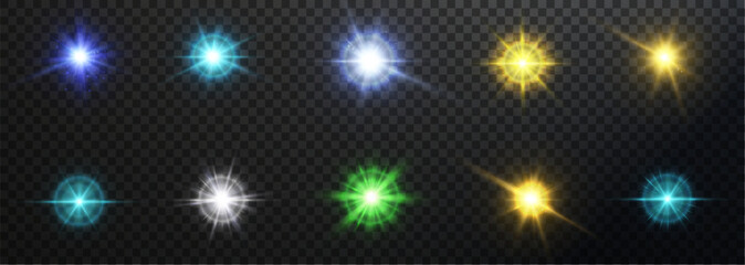 Set of colorful light effects. Glowing isolated set of multicolored transparent light glare effects. Sunlight, abstract special effect.