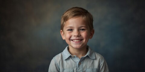 Studio portrait of a young boy with a neat haircut smiling cheerfully, against a dark textured backdrop