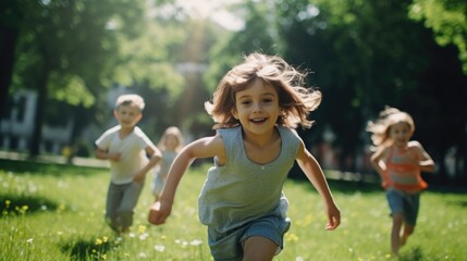 Fototapeta premium Kids running freely in a lush green field, ideal for family, education, or outdoor activities