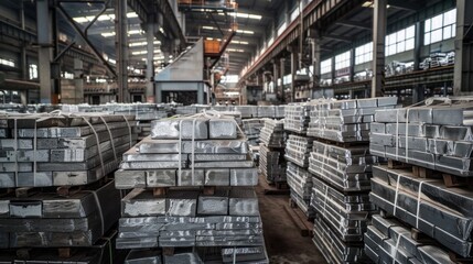 A large pile of metal bars are stacked in a warehouse