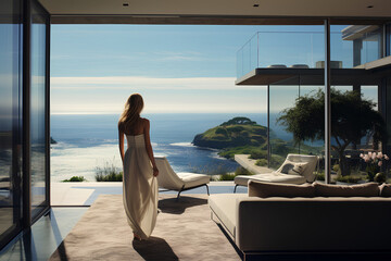 Woman in modern house overlooking ocean