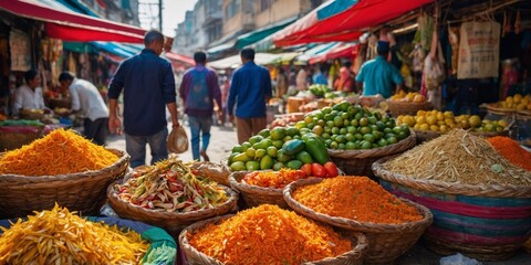 Fototapeta premium Photo captures the vibrancy and diversity of a bustling Asian street food market lined with fresh produce