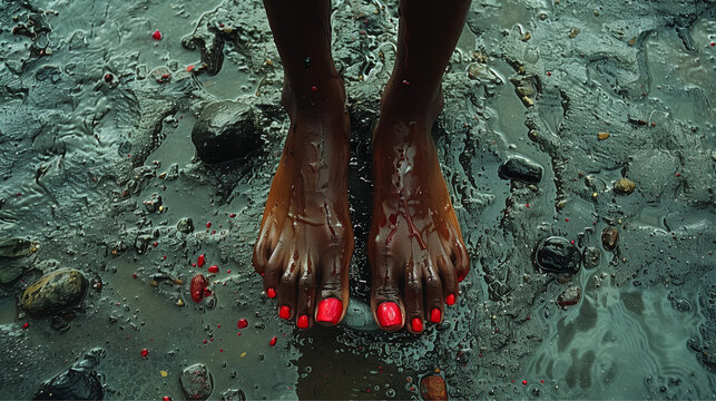 feets of an african american woman standing on the rain; red toenails; the concept of multiculturalism, beauty care, similarity, femininity, intimacy, domestic violence