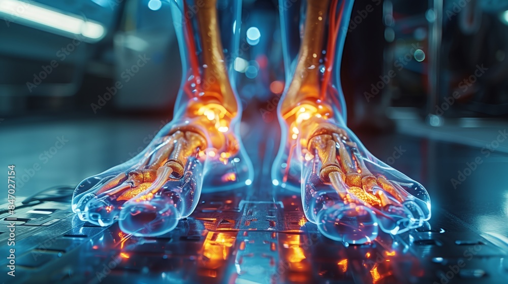Poster a holographic image of a foot with highlighted bones and joints.