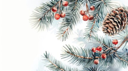 Watercolor illustration of a pine branch covered in juicy berries, perfect for designs and editorials