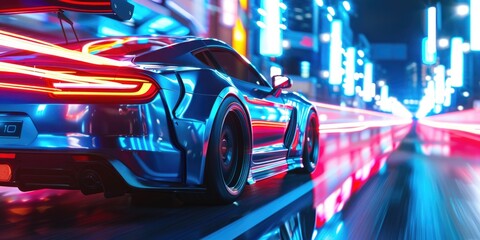 A car moving through the city streets at night, with lights and sounds of urban life