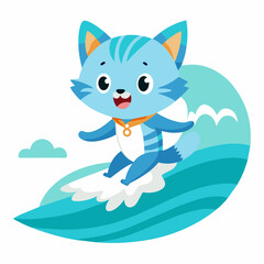 Adorable Little Cat Surfing on the Sea White Background