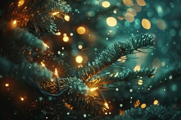 A detailed view of a Christmas tree with colorful lights in the background, perfect for holiday-themed designs and marketing materials