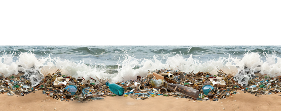 Marine debris polluting the ocean beach, cut out