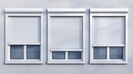 An isolated plastic window with rolling shutters isolated on a transparent background. A realistic modern set of closed and open roller shutters for office windows, white blinds for shopfronts. 
