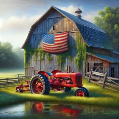 A rustic wooden barn with an American flag and a red farm tractor with pond water reflection