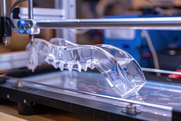 A close-up shot of a transparent plastic object being 3D printed, revealing the intricate layers and the process of creation.