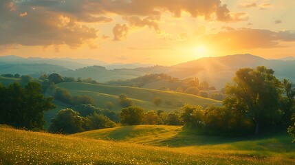Naklejka premium Sunset Over Rolling Hills Serene Rural Landscape